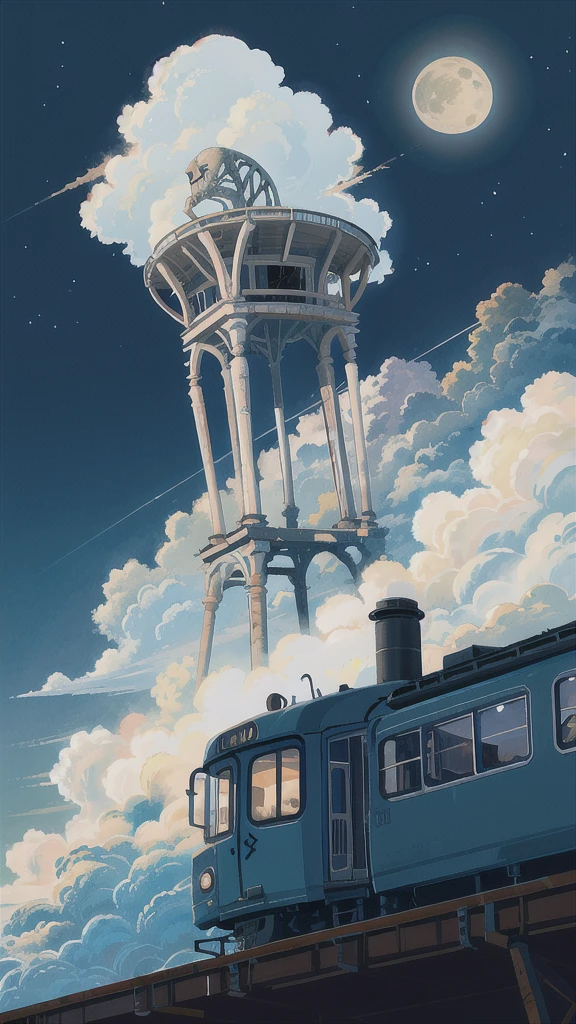 Sextans, humans, moon, sky, night, full moon, cloud, station,train, outdoors, scenery, night sky, water, cloudy sky, building, skeleton, animal.