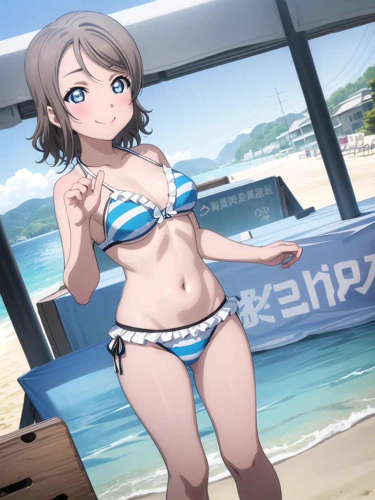 masterpiece, Highest quality, 8k wallpaper, alone, Watanabe Yo, Are standing, smile, Sexy Bikini、Swimwear, Beach, Very detailed, Beautiful attention to detail, Medium chest,  Beautifully detailed fingers