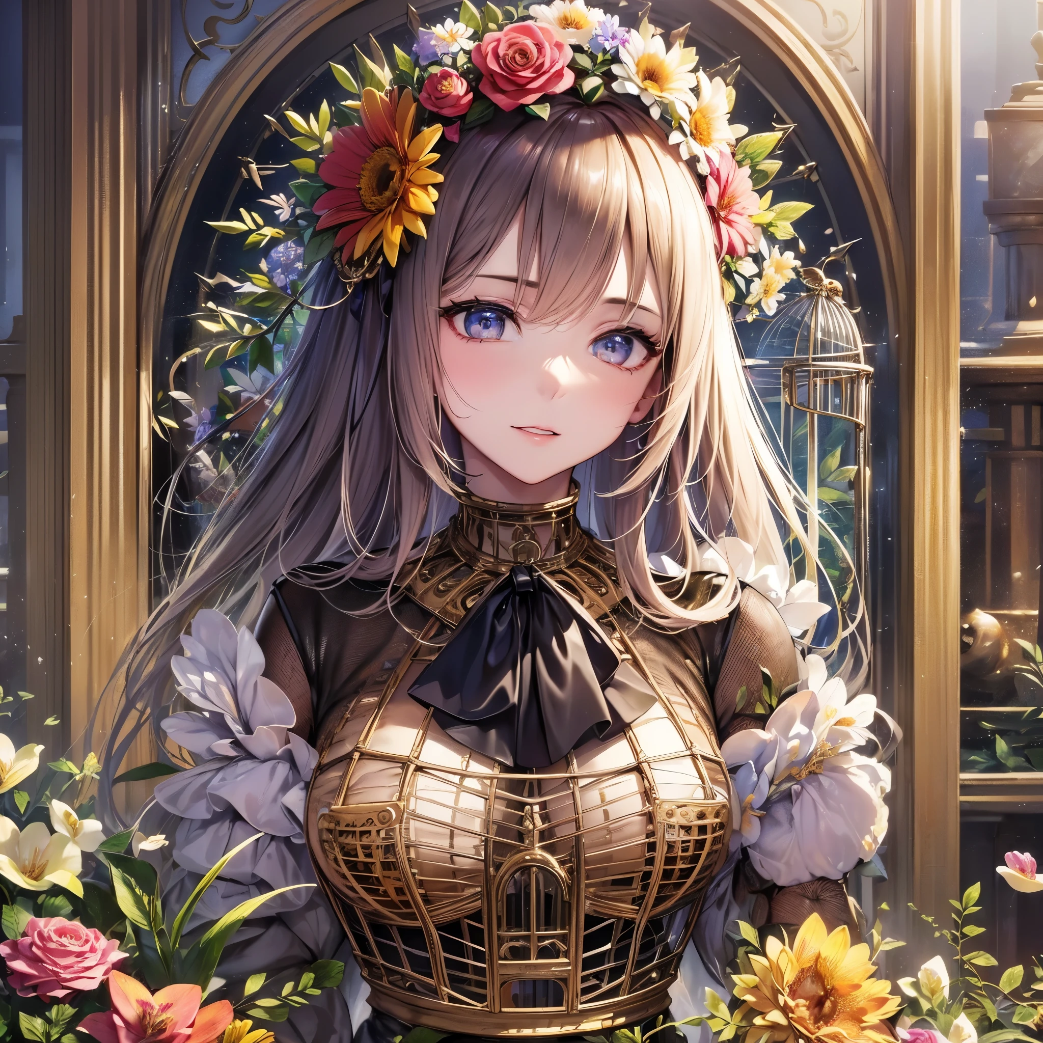((Highest quality)),(Ultra-high resolution),(Very detailed),(Detailed Description),((The best CG)),(A masterpiece),Ultra-detailed art,Amazing painting art,(Art with precise detail:1.5), (Adult female:1.6),(Beautiful and well-proportioned face:1.3),(dress:1.6), (Flower cage:1.8)