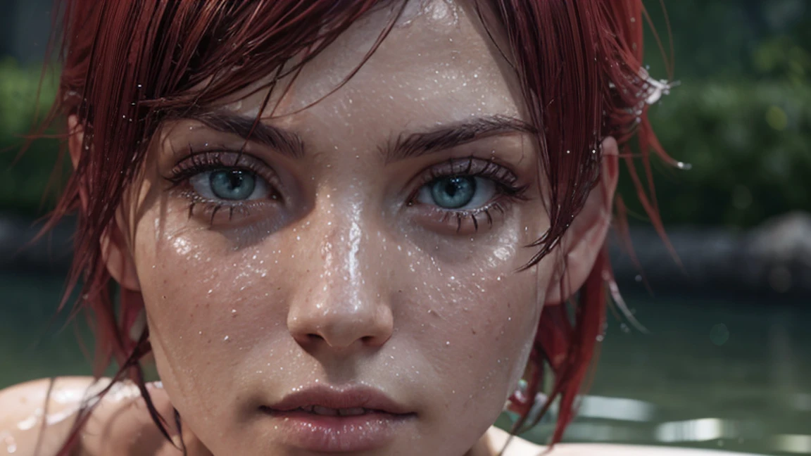 face, close-up. short, Red hair, green eyes, Wet. ((elegance. Photorealism. Unreal engine. 3D model. Ultra high quality textures. high detail. Resolution 8K))