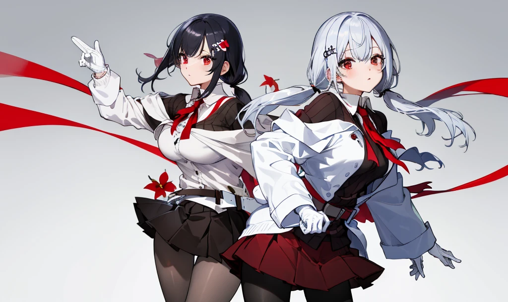 masterpiece, best quality, highres, hmhy1, low twintails, hair ornament, large breasts, red ribbon, collared shirt, sweater, labcoat, open clothes, off shoulder, long sleeves, flower, belt, white gloves, pleated skirt, black pantyhose, cowboy shot, standing, simple background,