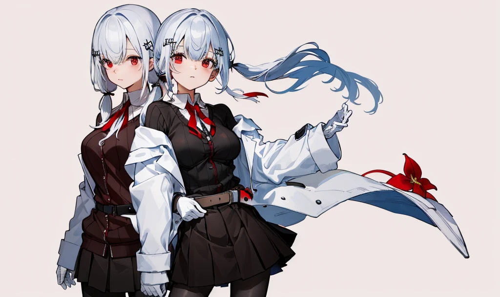 masterpiece, best quality, highres, hmhy1, low twintails, hair ornament, large breasts, red ribbon, collared shirt, sweater, labcoat, open clothes, off shoulder, long sleeves, flower, belt, white gloves, pleated skirt, black pantyhose, cowboy shot, standing, simple background,