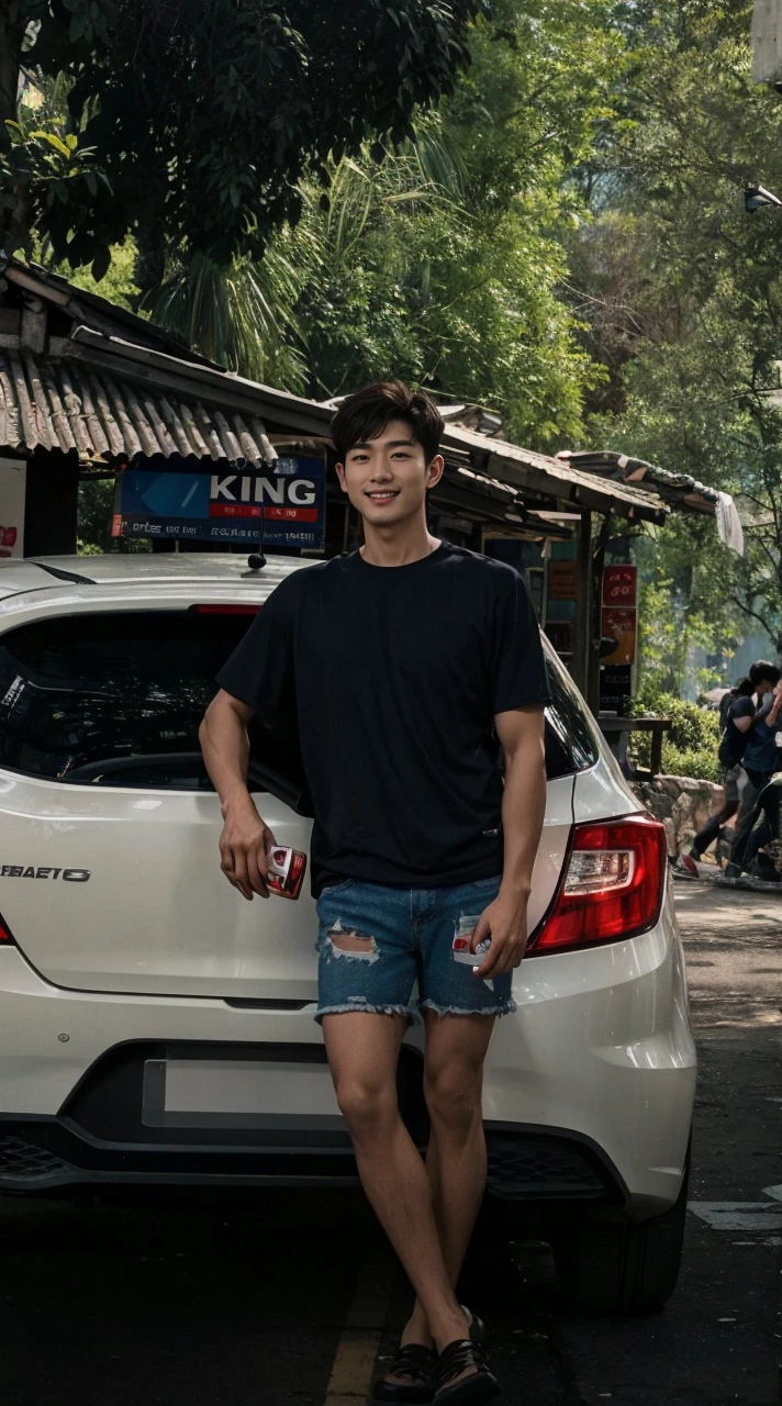 masterpiece, best quality, 4k, sexy and tall handsome 30 year old korean man, mature facial features and bodybuilder build, hugging an athletic cute 25 year old korean man, they are very fashionable, brown hair, exposed chest, vpl, big bulge, looking at each other, laughing, walking by convenience stores, at night, waving to camera, very busy surroundings, pedestrians smiling widely at them, very dim lighting, romantic atmosphere, gay, homosexual, homoerotic, romantic atmosphere, intricate details, highly detailed, award-winning shot