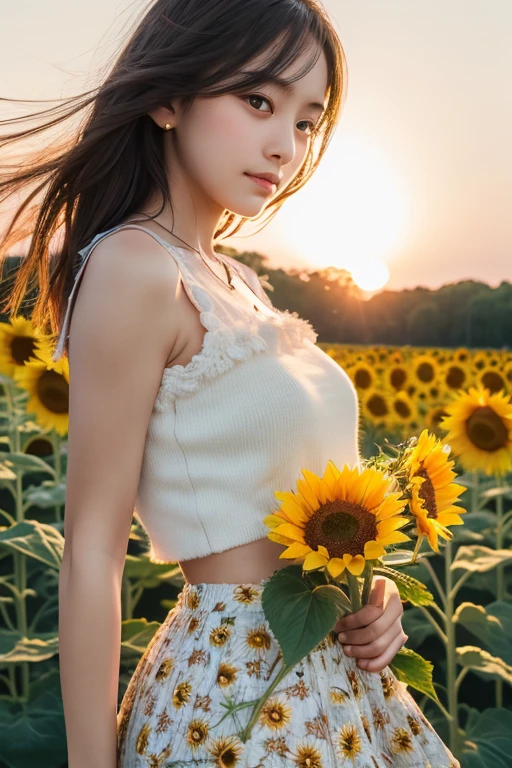 European Girls(Eye and facial details:1.0)　Soft and fluffy　Girlish　Sunflower bouquet　mini skirt　Tank top　A sneak peek　Highlight your feet　Portrait　Backlight　The subject&#39;s transparency　Detailed　RAW Photos　Front blur　Back blur Old lens　Nostalgic　Flares and ghosting　High resolution　４K　yellow