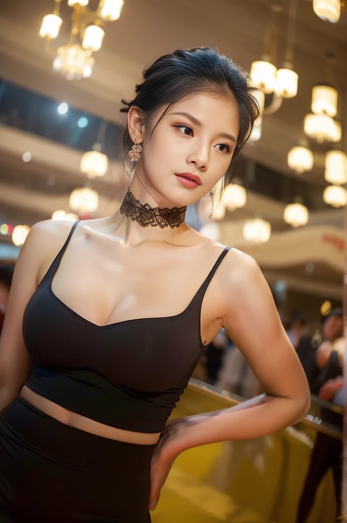 russian lady,fullbody, a woman wearing a lace yoga pants, exuding sensuality as the camera caresses her face, highlighting sharp cheekbones and plush lips. The framing focuses on the subtle curve of her neck, leading the viewer's eye to the tantalizing glimpse of cleavage, creating a visually appealing composition with deliberate playfulness.,　beige panty,hud_rectngl_leotrd,A high-fashion show in a grand ballroom, showcasing elegant and sophisticated designs with intricate beading and embroidery.,white skirt