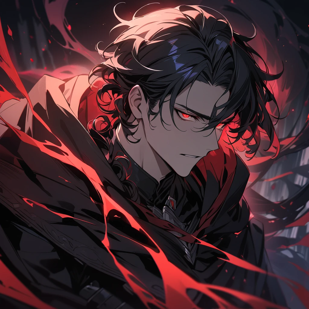 Character with black hair, red eyes and a scar on his face