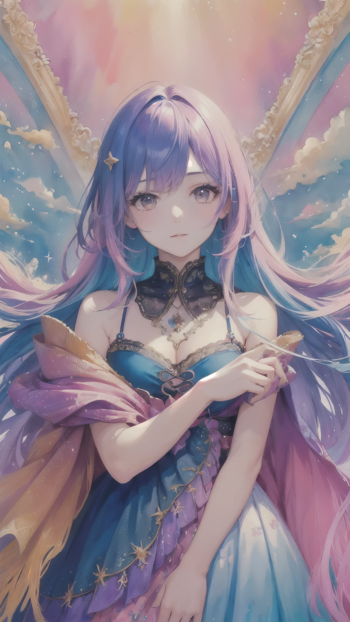 (masterpiece, Highest quality, Highest quality,watercolor (Moderate),Official Art, beautifully、aesthetic:1.2),(One girl:1.3), (Fractal Art:1.3),Upper Body, from the front, View your viewers,pattern,(Rainbow Hair,colorful hair,Half Blue、Half pink hair:1.2),water,liquid, cloud,colorful, Starry sky,performer,
