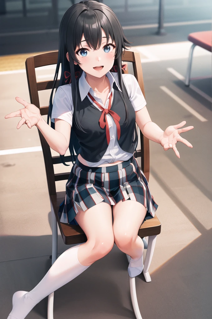 masterpiece, Highest quality, High resolution, aayukino, Long Hair, Ahoge, Hair Ribbon, clavicle, Neck ribbon, White shirt, Short sleeve, Checked skirt, Knee-high,Reaching out, smile, Open your mouth, amusement park, Sitting in a chair,Open both knees outwards,Showing her panties,Tie pants