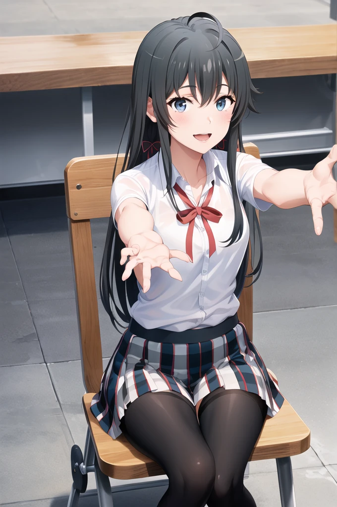 masterpiece, Highest quality, High resolution, aayukino, Long Hair, Ahoge, Hair Ribbon, clavicle, Neck ribbon, White shirt, Short sleeve, Checked skirt, Knee-high,Reaching out, smile, Open your mouth, amusement park, Sitting in a chair,Open both knees outwards,Showing her panties,Tie pants