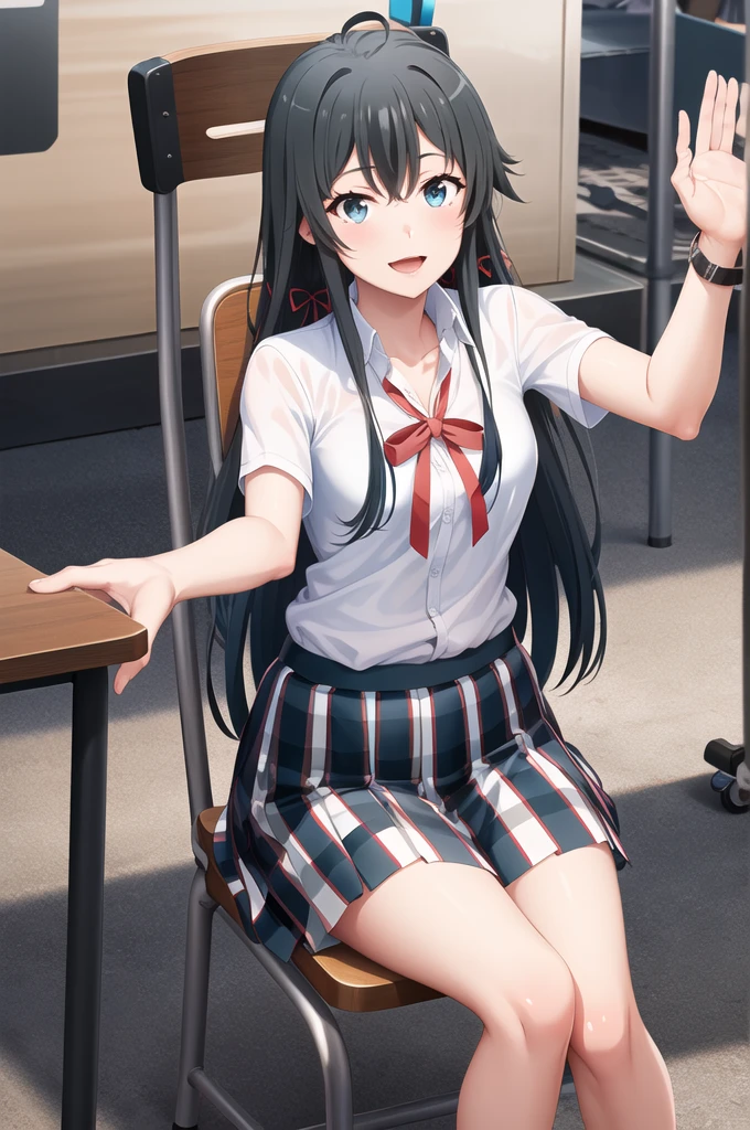 masterpiece, Highest quality, High resolution, aayukino, Long Hair, Ahoge, Hair Ribbon, clavicle, Neck ribbon, White shirt, Short sleeve, Checked skirt, Knee-high,Reaching out, smile, Open your mouth, amusement park, Sitting in a chair,Open both knees outwards,Showing her panties,Tie pants