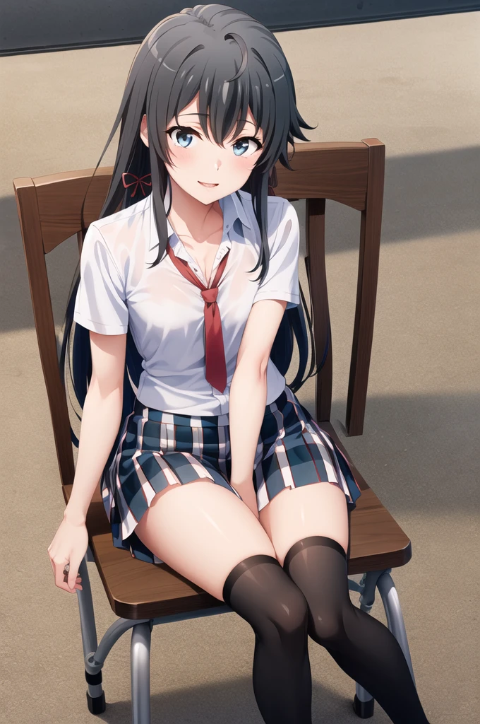 masterpiece, Highest quality, High resolution, aayukino, Long Hair, Ahoge, Hair Ribbon, clavicle, Neck ribbon, White shirt, Short sleeve, Checked skirt, Knee-high,Reaching out, smile, Open your mouth, amusement park, Sitting in a chair,Open both knees outwards,Showing her panties,Tie pants