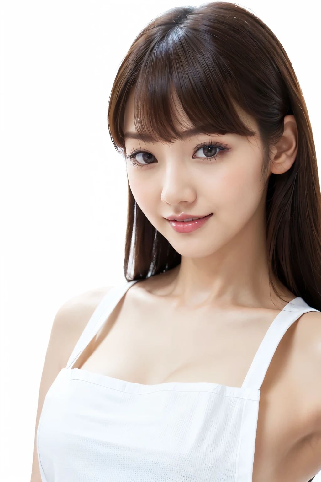 (Highest quality、Tabletop、8K、Best image quality、Award-winning works)、One perfect beautiful mature woman、Perfect beautiful face、(Naked and apron:1.3)、(Perfect apron:1.3)、Perfect beauty portrait、Glowing Skin、Brown Hair、(Large Breasts:1.3)、(Cleavage:1.1)、(Slender body:1.1)、(Accentuate your body lines:1.1)、Standing Elegantly、Front facing body、Stand upright、(Face close-up:1.4)、Woman looking up at me、Beautiful Smile、(The simplest solid white background:1.5)