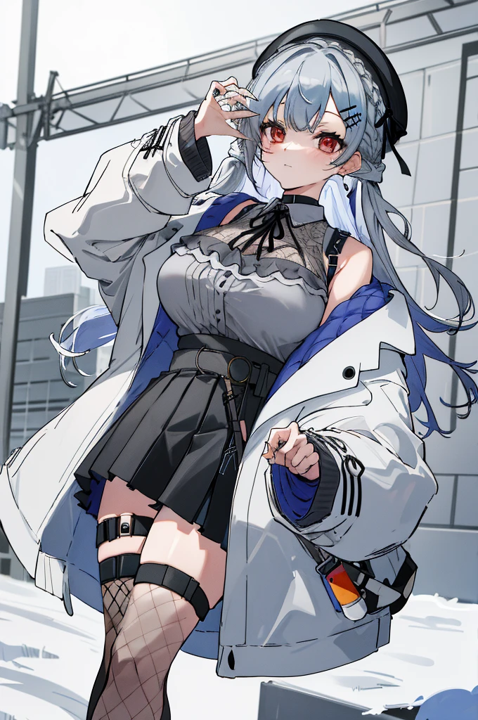 masterpiece, best quality, highres, hmhy1, hat, beret, braid, hairclip, large breasts, black choker, grey shirt, sleeveless shirt, white jacket, open jacket, long sleeves, black skirt, fishnets, thigh strap, single thighhigh, standing, cowboy shot, outdoors