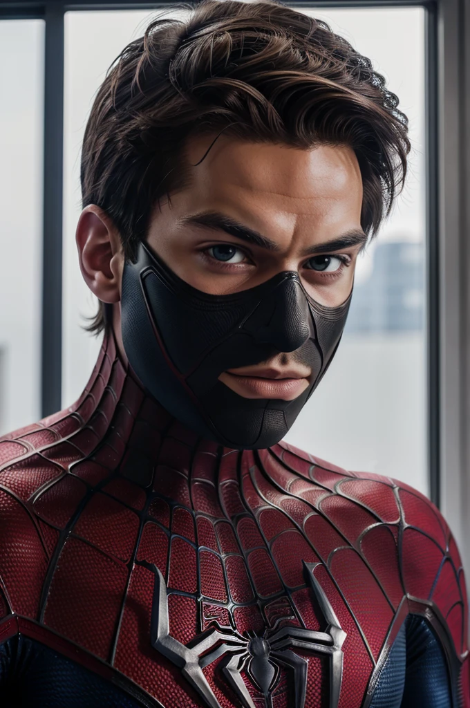 A photograph of spider man, no mask, 20 yo, handsome, detailed face, looking at camera, portrait, 8k uhd, high quality