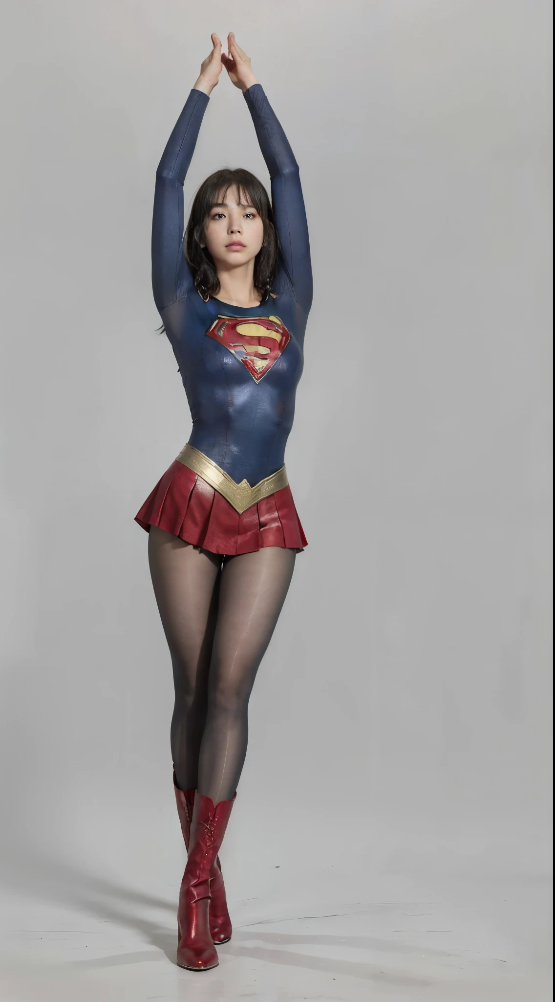 No background、extinct、She always has a troubled look on her face、Always close your eyes、Keep your arms up at all timesおく、Keep your arms up at all times、(((Beautiful legs in black tights.)))、(((Stretch your legs、expensive、あなたのsufferingを合法的に表現する)))、((((Make the most of your original images)))、(((Supergirl Costume)))、(((Beautiful short bob hair)))、(((suffering)))、(((Black tights legs、Wear red boots)))、((Best image quality、8K))、((Highest quality、8K、masterpiece:1.3))、(((Preserve background )))、Sharp focus:1.2、Beautiful woman with perfect figure:1.4、Slim Abs:1.2、Wet body:1.5、Highly detailed face and skin texture、8K