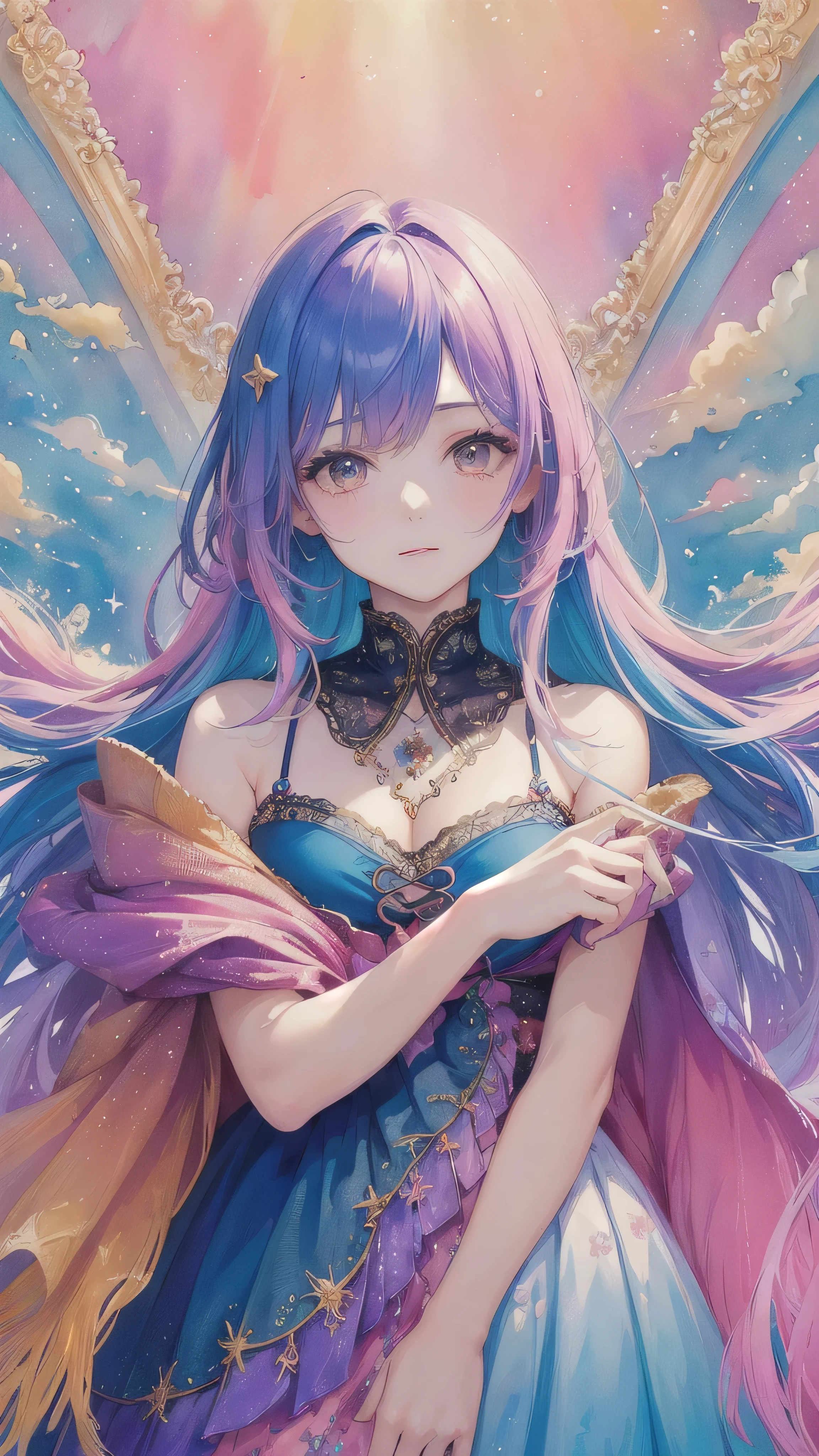 (masterpiece, Highest quality, Highest quality,watercolor (Moderate),Official Art, beautifully、aesthetic:1.2),(One girl:1.3), (Fractal Art:1.3),Upper Body, from the front, View your viewers,pattern,(Rainbow Hair,colorful hair,Half Blue、Half pink hair:1.2),water,liquid, cloud,colorful, Starry sky,performer,