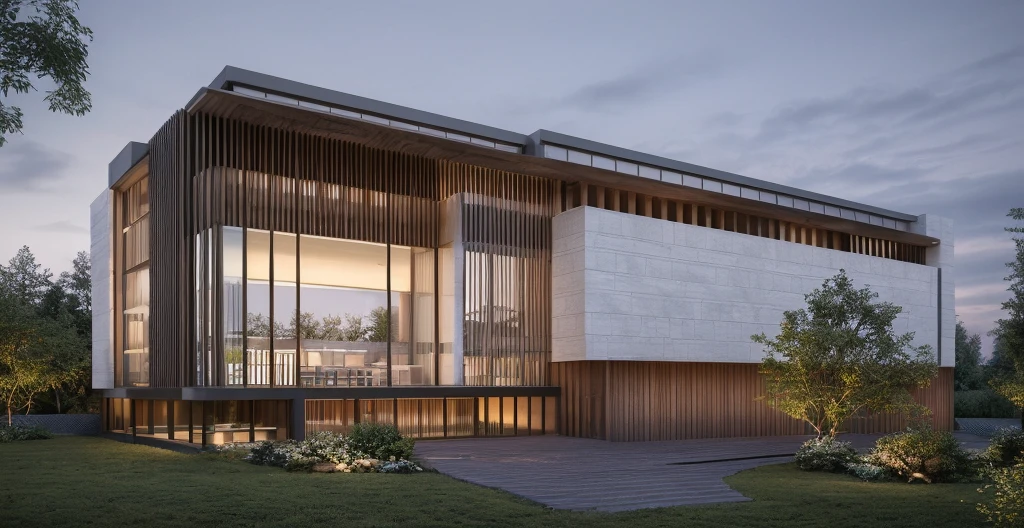 modern house, large yard, beautiful view, surrounding trees, (Single storey house planlat roofs,large windows,wood materials,concrete and glass,glass railings,surrounded by trees,lawn ,large sliding glass doors, large outdoor fireplace, beautiful flat roof, linear straight line, sunset light, neutral colored lights, beautiful, cloudy sky, landscape,plain terrain, RAW photo, subject, 8k uhd, dslr, soft lighting, high quality, film grain, Fujifilm XT3