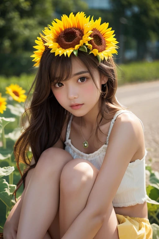 European Girls(Eye and facial details:1.0) Soft and fluffy Girlish Sunflower bouquet mini skirt Tank top A sneak peek Highlight your feet Portrait Backlight The subject's transparency Detailed RAW Photos Front blur Back blur Old lens Nostalgic Flares and ghosting High resolution 4K yellow