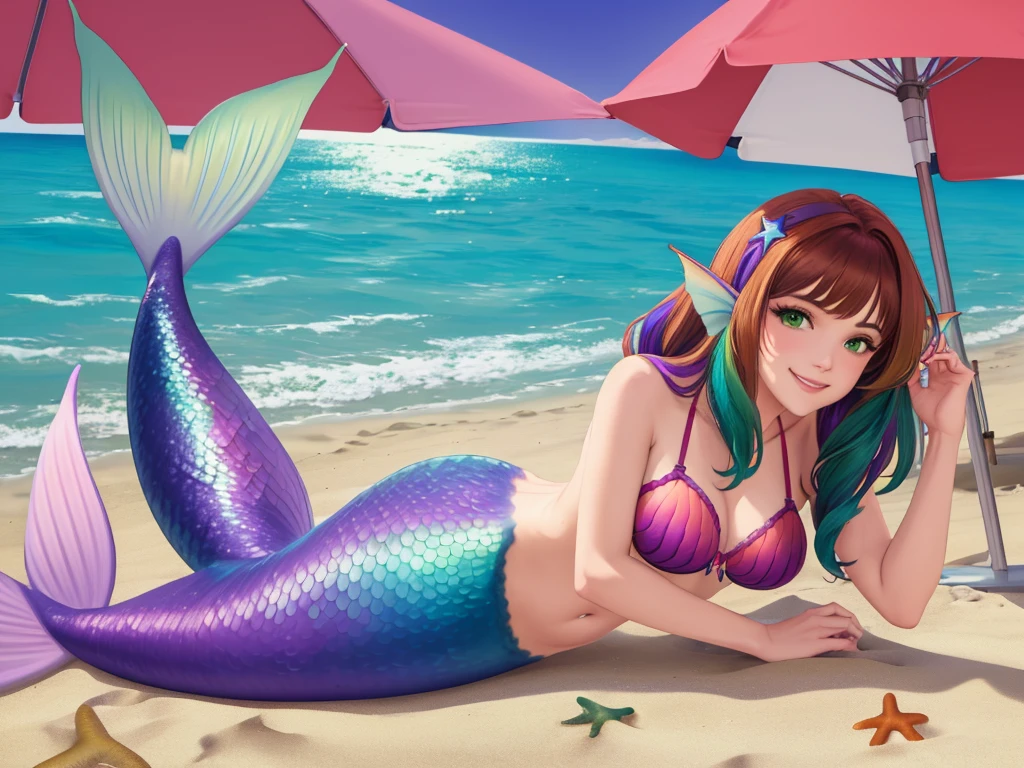 masterpiece, best quality:1.2), 1girl, smile, looking at viewer, green eyes, short brown multicolored hair, mermaid, mermaid girl, wearing purple seashell bra, laying on belly on beach, colorful mermaid tail, outdoors, head fins, fin ears