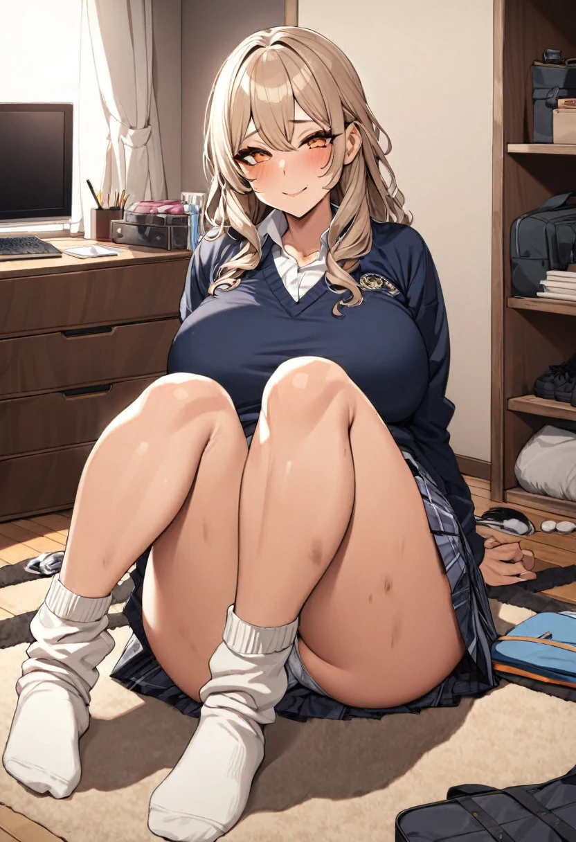 nsfw,masterpiece,ultra detailed,8k,navy school sweater,(short plaid pleated skirt),adult curvy body,tanned japanese gyaru,seductive cute face,tender smile,silver panties,sitting and knees up on floor,dirty loose socks,(tareme),makeup,at messy private room,schoolbag and undressed lingeries on floor,tv on desk,storage shelf on wall,carpet,