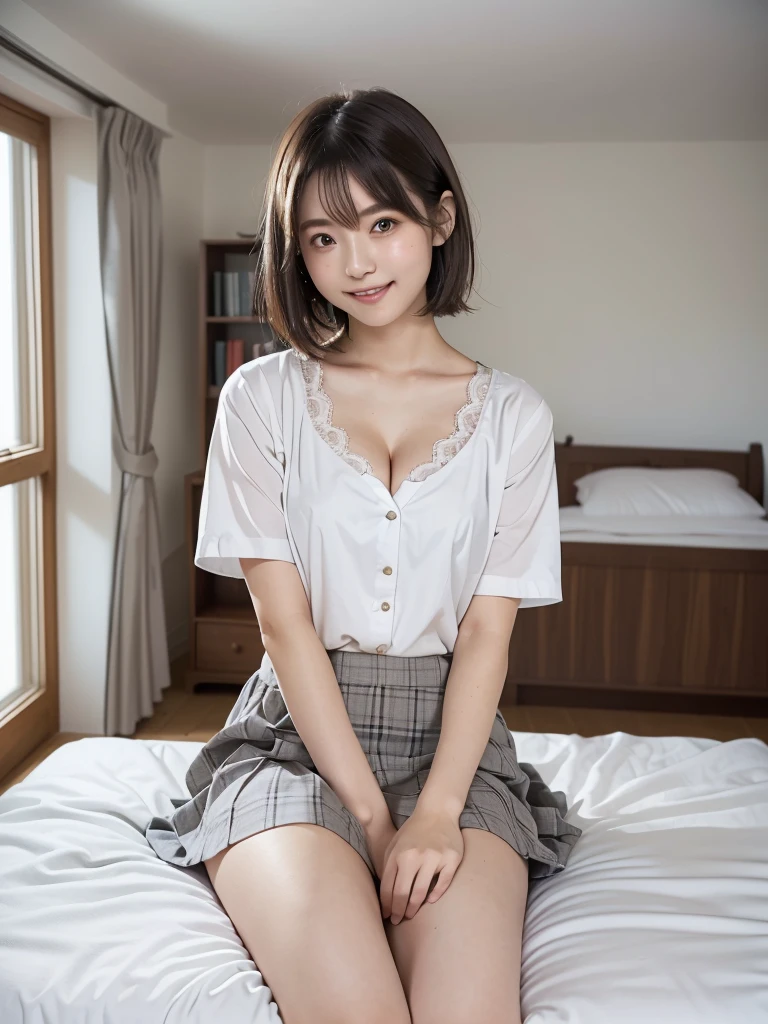 (Highest quality:1.9)、(High resolution)、Live-action image quality、((A 19-year-old pure female college student、1 person))、Soft lighting by a professional photographer、Natural light、((Very spacious white luxurious room:1.6))、((Bright white room:1.6))、(Sitting on a very luxurious white bed:1.2)、(White Bookcase:1.1)、Natural soft light、((Brown hair color:1.1))、Fair skin、Detailed Eyes、double eyelid、Slightly puffy cheeks、((Small Face:1.0))、((Pink lace short sleeve buttoned shirt、Please wear it with the chest open.:1.1))、((Grey checked flared mini skirt))、Live-action image quality、E cup bust、Cleavage、(smile)、((Girly pose 1.8))、((short hair:1.1))、((Full Body Shot:1.2))、((Height: 150cm))、Hands in front、Hide your hands between your legs、The shirt buttons are white