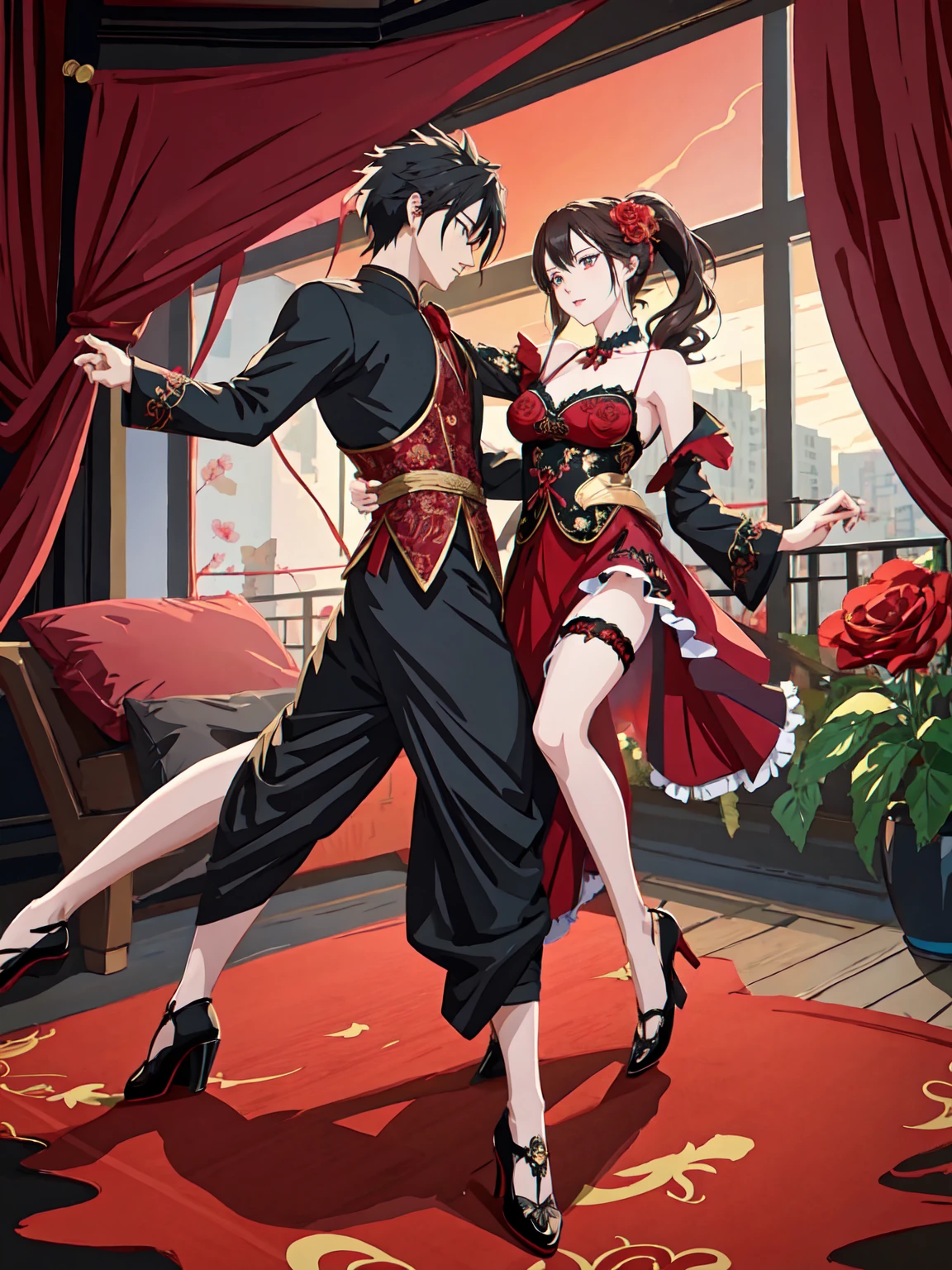 full body of anime male character dancing and martial poses on a red and black floral bed with a flamenco dress with an essentially detailed embroidery patterned fabric with roses in the background, in the style of cute and cool, anime aesthetic, dark hair, colorful illustrations, highly detailed, in the style of digital painting, natural lighting, full body portrait, anime character design, sharp focus, highly detailed illustration, masterpiece, high definition, in the style of octane rendering, 2D game art, hyper realistic. --ar 3:4 --niji 6