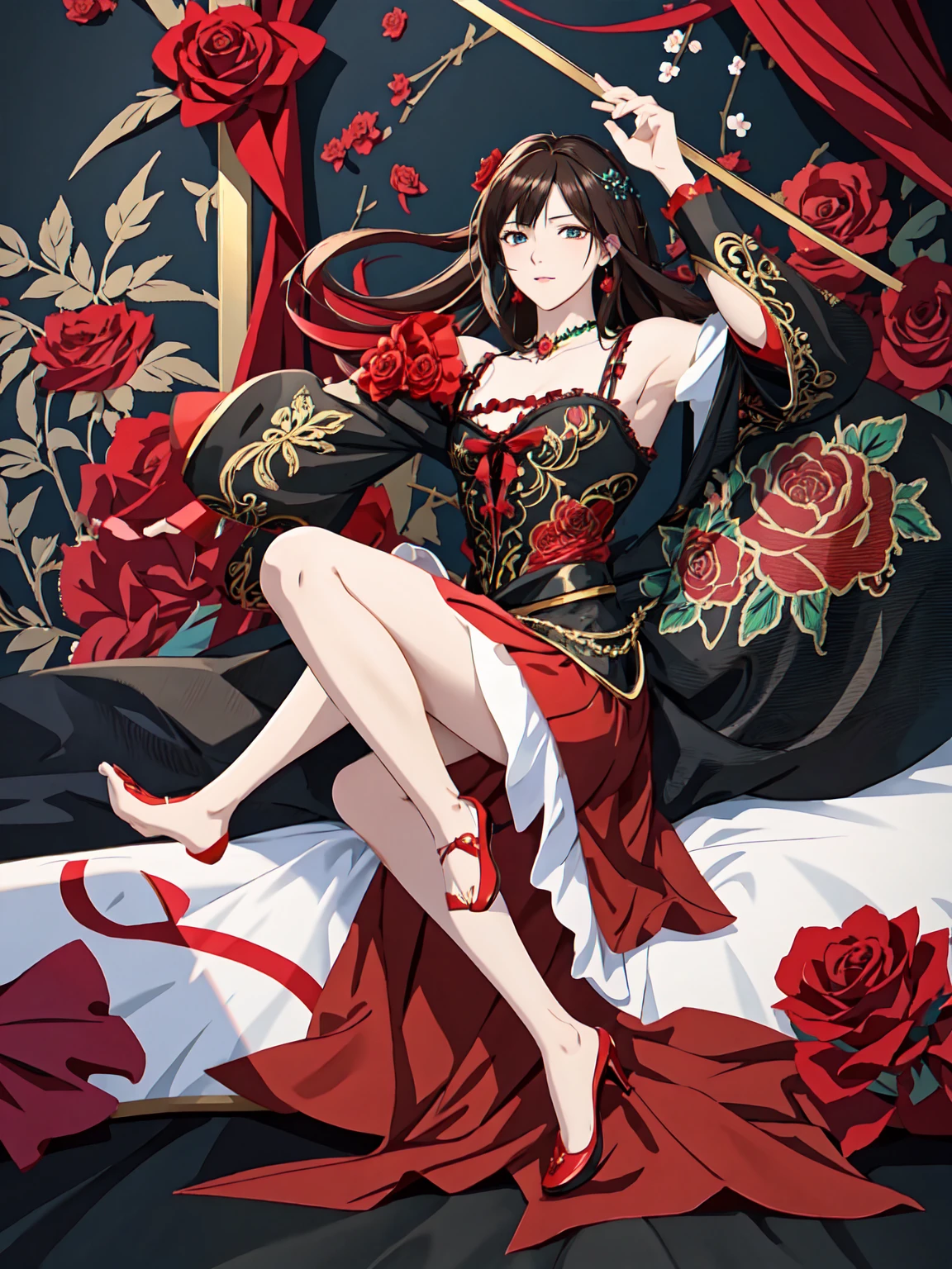 full body of anime male character dancing and martial poses on a red and black floral bed with a flamenco dress with an essentially detailed embroidery patterned fabric with roses in the background, in the style of cute and cool, anime aesthetic, dark hair, colorful illustrations, highly detailed, in the style of digital painting, natural lighting, full body portrait, anime character design, sharp focus, highly detailed illustration, masterpiece, high definition, in the style of octane rendering, 2D game art, hyper realistic. --ar 3:4 --niji 6