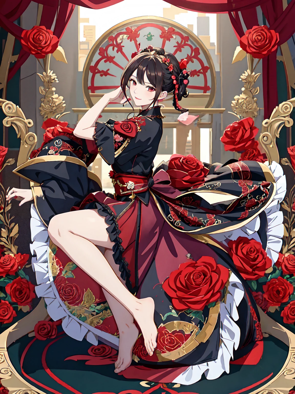 full body of anime male character dancing and martial poses on a red and black floral bed with a flamenco dress with an essentially detailed embroidery patterned fabric with roses in the background, in the style of cute and cool, anime aesthetic, dark hair, colorful illustrations, highly detailed, in the style of digital painting, natural lighting, full body portrait, anime character design, sharp focus, highly detailed illustration, masterpiece, high definition, in the style of octane rendering, 2D game art, hyper realistic. --ar 3:4 --niji 6