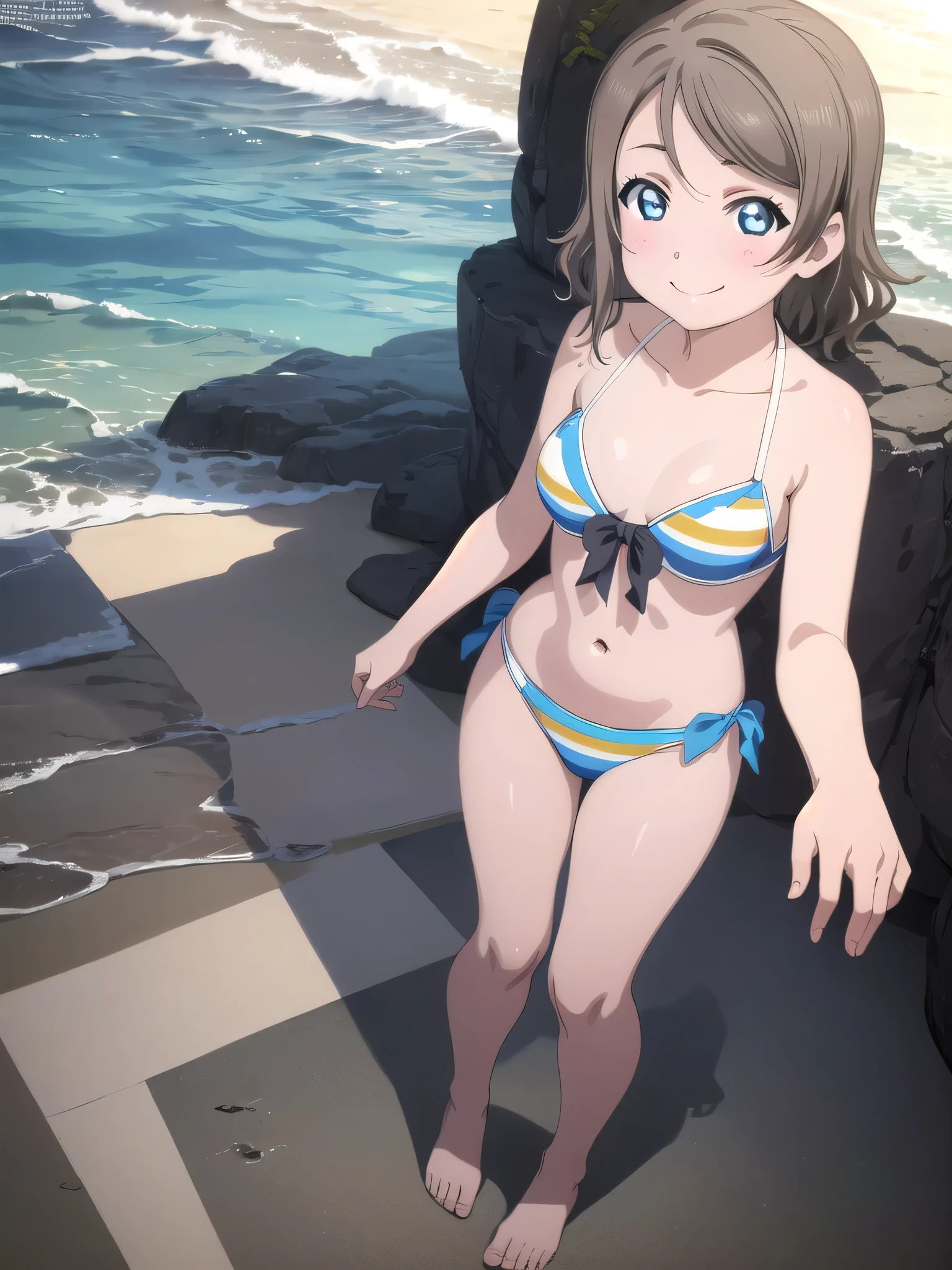 masterpiece, Highest quality, 8k wallpaper, alone, Watanabe Yo, Are standing, smile, Sexy Bikini、Swimwear, Beach, Very detailed, Beautiful attention to detail, Medium chest, Beautifully detailed fingers