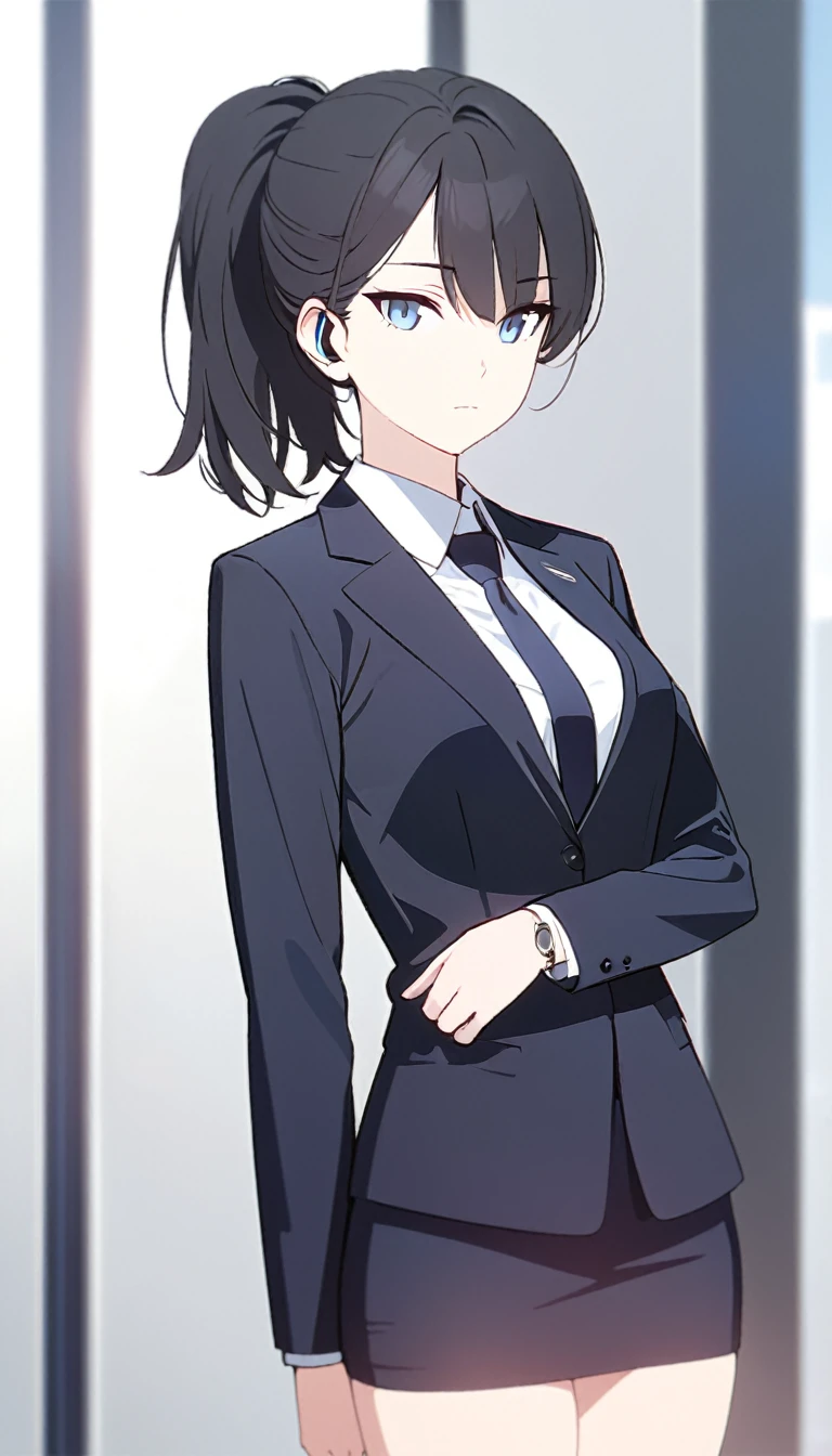 (masterpiece, high quality, best quality, highres,) One Woman, young, black hair, ponytail, Blue Eyes, Athletic build, expressionless, closed mouth, shirt, office staff suit, Simple, white background, standing, cowboy shot, (shoot from front)