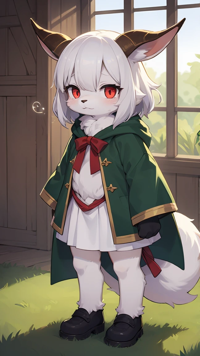 Rori the fox, riding on wolf, was hairy, shaggy, skin fur, smooth lashes, white fur, forelimb hands, straight long white hair, solid circle eyes, ((goat horns)), white facial fur, shiny hair, red eyes, super cute face, 1goat tail, fluffy tail, furry tail, glowing eyes, green cloak, white skirt, standing, sad face, ambient light, ultra-fine fur, dashed eyes, full body, masterpiece, high quality, high-details, best quality, wide short, (((solo)))