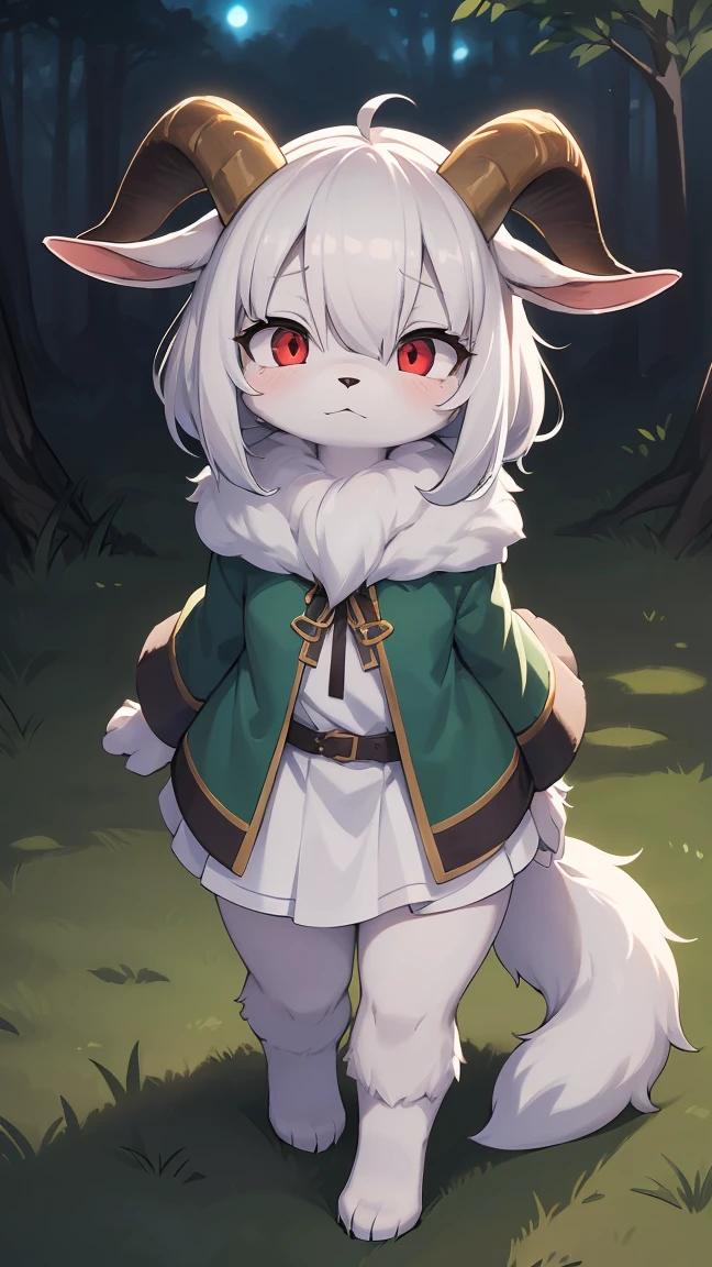 Rori the fox, riding on wolf, was hairy, shaggy, skin fur, smooth lashes, white fur, forelimb hands, straight long white hair, solid circle eyes, ((goat horns)), white facial fur, shiny hair, red eyes, super cute face, 1goat tail, fluffy tail, furry tail, glowing eyes, green cloak, white skirt, standing, sad face, ambient light, ultra-fine fur, dashed eyes, full body, masterpiece, high quality, high-details, best quality, wide short, (((solo)))
