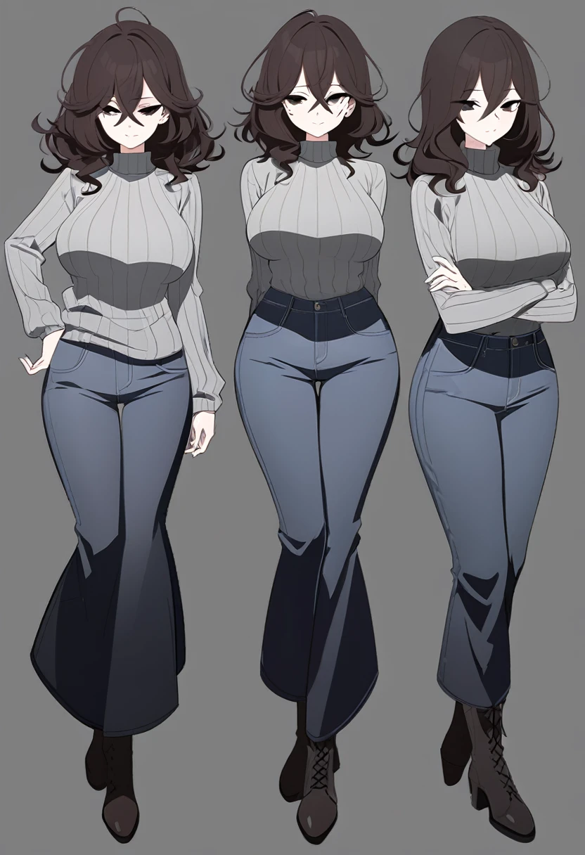 One Woman,Downer,older sister,Concept Art,Dark brown hair,Straight hair with slight inward curls,Staring eyes,Eye Ridge,black eye,Crossed bangs,whole body,smile,Larger breasts,Gray background,Bangs that reach down to the eyes,Messy hair,Tight dark jeans,Gray turtleneck sweater,Multiple views of the same character,Character Design,Dark circles under the eyes,Bad look,Listless,Sloppy,Silver Jewelry,Cafe staff,whole bodyCharacter Design,Detailed hands,Height: 170cm,boots,