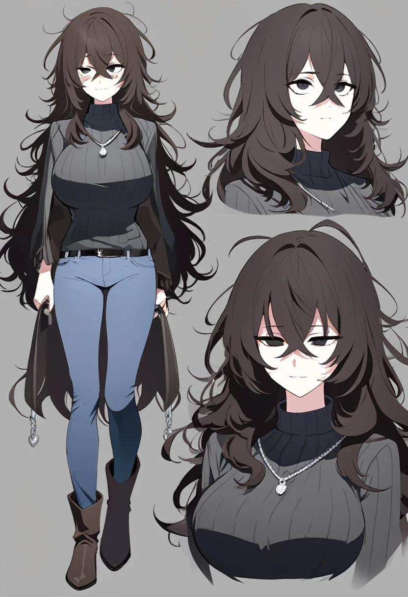 One Woman,Downer,older sister,Concept Art,Dark brown hair,Straight hair with slight inward curls,Staring eyes,Eye Ridge,black eye,Crossed bangs,whole body,smile,Larger breasts,Gray background,Bangs that reach down to the eyes,Messy hair,Tight dark jeans,Gray turtleneck sweater,Multiple views of the same character,Character Design,Dark circles under the eyes,Bad look,Listless,Sloppy,Silver Jewelry,Cafe staff,whole bodyCharacter Design,Detailed hands,Height: 170cm,boots,