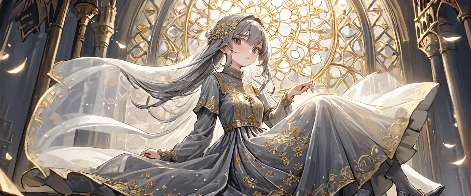 girl, Gold and silver embroidery, White-gray pearl medieval long dress(With panniers), Translucent fabric, Pull up the dress by hand, Strong winds, Translucent slip, Grey translucent tights, Peeking from below, Highest quality, Disorder of clothing, sit