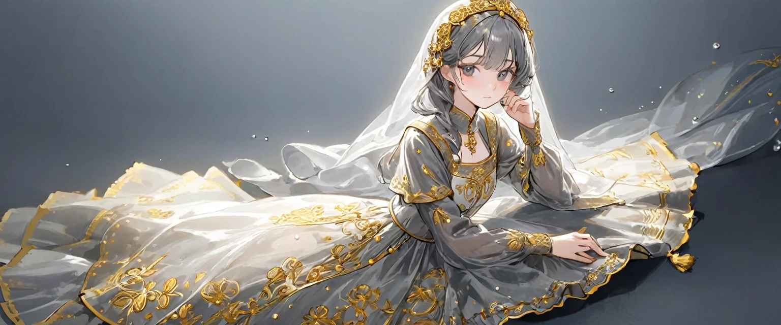 girl, Gold and silver embroidery, White-gray pearl medieval long dress(With panniers), Translucent fabric, Pull up the dress by hand, Strong winds, Translucent slip, Grey translucent tights, Peeking from below, Highest quality, Disorder of clothing, sit