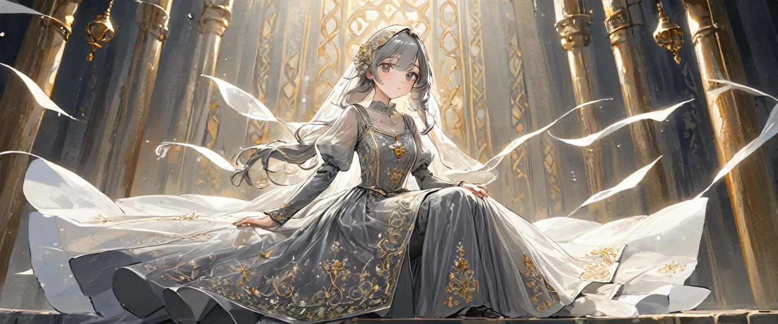girl, Gold and silver embroidery, White-gray pearl medieval long dress（With panniers）, Translucent fabric, Pull up the dress by hand, Strong winds, Translucent slip, Grey translucent tights, Peeking from below, Highest quality, Disorder of clothing, sit