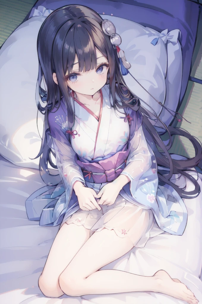 (((dress lift Transparent see-through yukata))) (a girl sitting on futon :1.5), (Japanese-style room, tatami, futon ,mattress, pillow:1.3),,((NSFW)) ((hentai))Long black hair Toddler girl