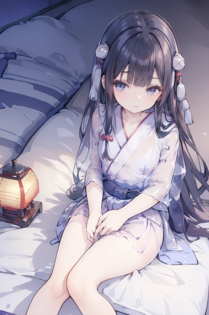(((dress lift Transparent see-through yukata))) (a girl sitting on futon :1.5), (Japanese-style room, tatami, futon ,mattress, pillow:1.3),,((NSFW)) ((hentai))Long black hair Toddler girl