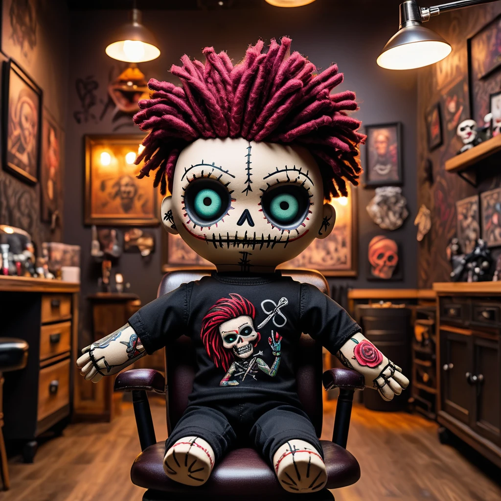 (knitted toy voodoo doll:1.8), (Voodoo Tattoo Artist:1.3), (Clothes Black shirt, sleeves with tattoos, gloves:1.0), (in the background Tattoo parlor, chair for tattoos, sketches on the walls:1.2), best quality, masterpiece, detailed soft oil painting, detailed background, dramatic cinematic lighting, soft edge lighting, professional, dramatic lighting, hard edge lighting, ultra quality, 4k, masterpiece, best quality, 8k, ultra high definition, high resolution, extremely detailed