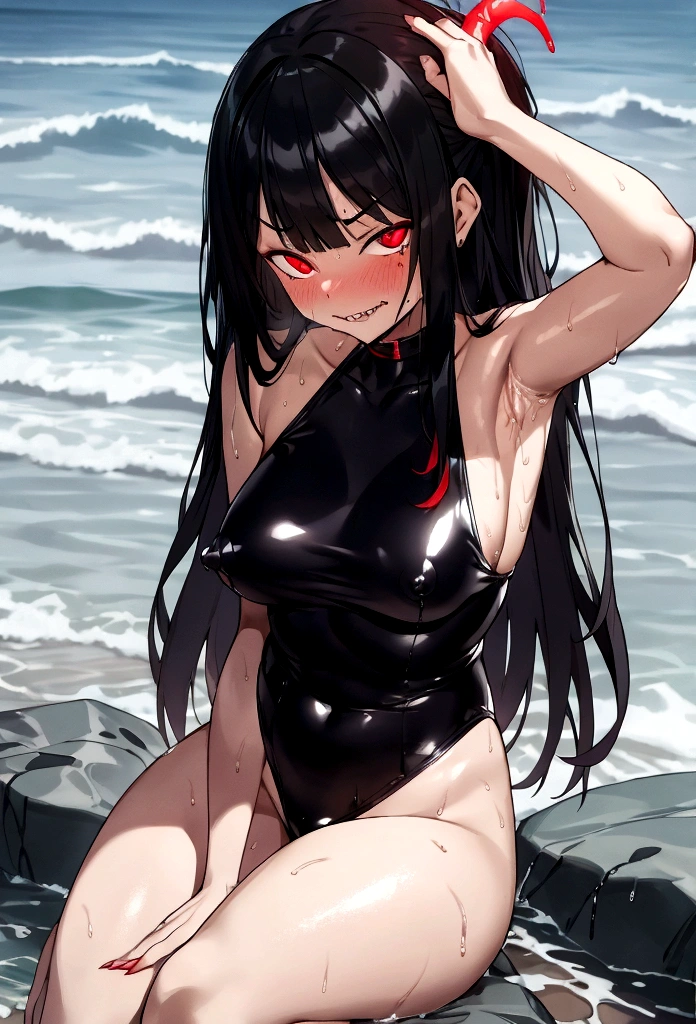 best quality, glowing red eyes, black hair, horny eyes, sitting forward to the viewer, beach,, looking at viever, huge ass, black wet one-piece swimsuit, sitting on a rock, nsfw ,disgusted facial expression, big , face zoom, facial gesture, sharp teeth, disgusted, corruption eyes, armpit showed, huge cocks, big black cock on a head