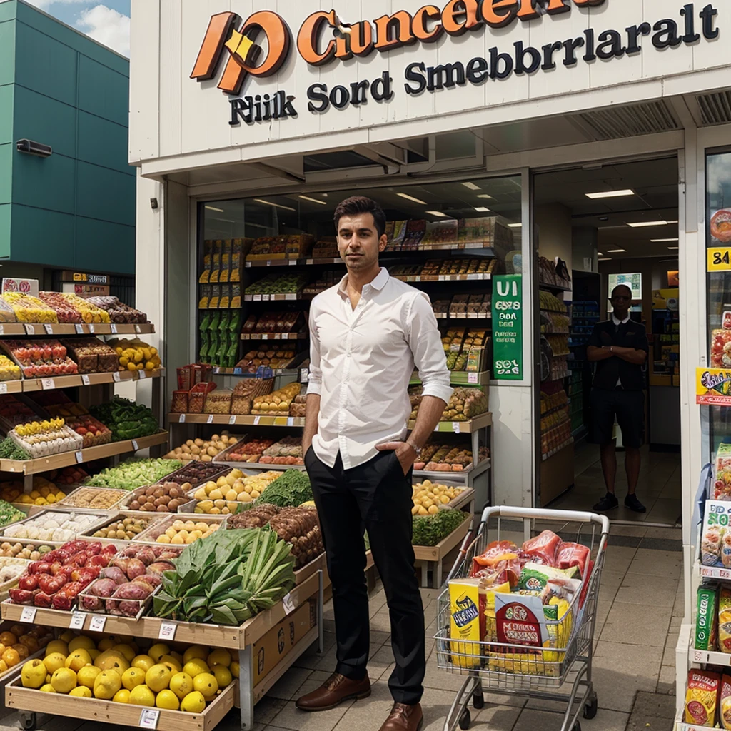 a man standing infront of a supermarket with board name "supermarket"