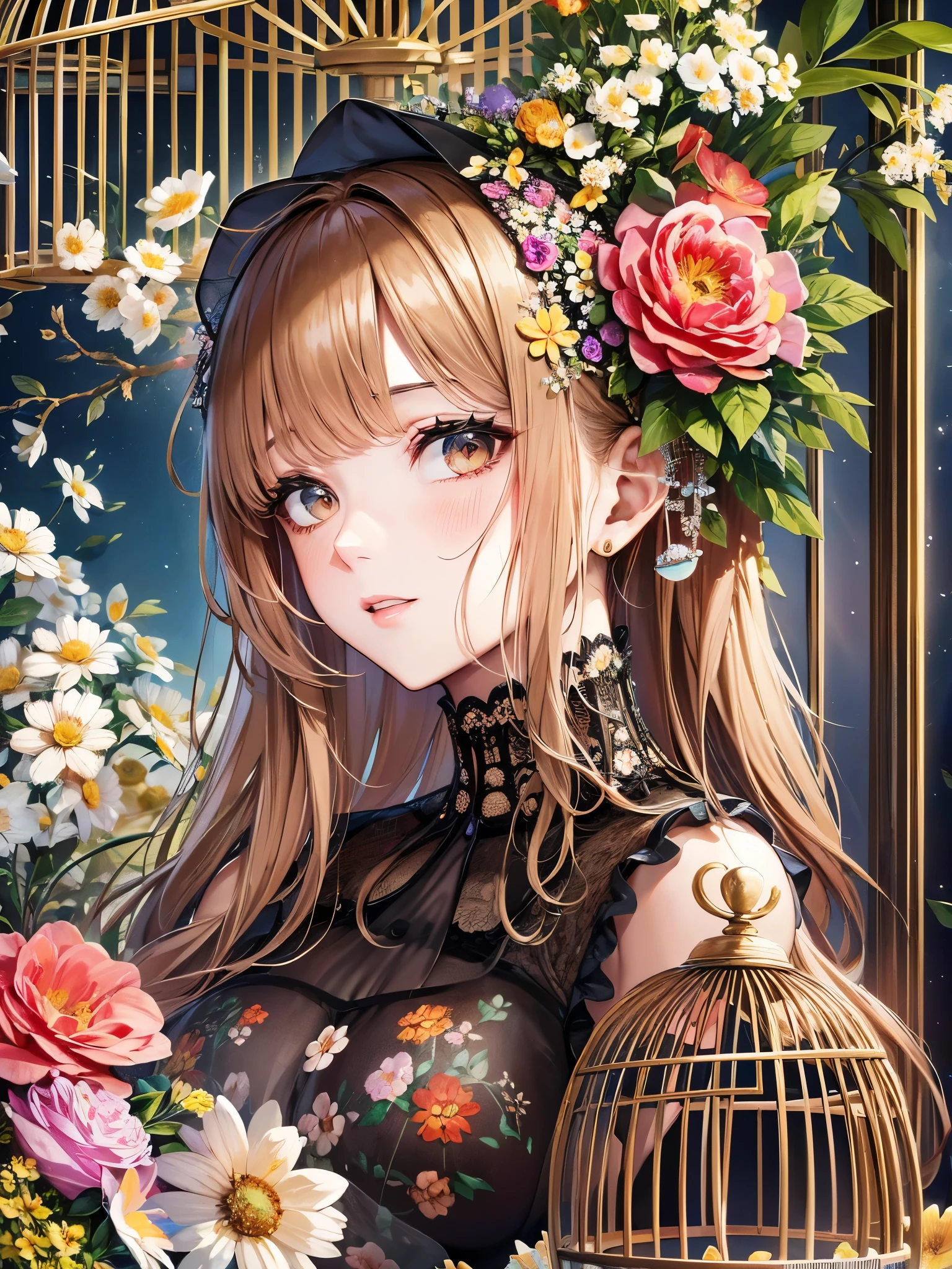 ((Highest quality)),(Ultra-high resolution),(Very detailed),(Detailed Description),((The best CG)),(A masterpiece),Ultra-detailed art,Amazing painting art,(Art with precise detail:1.5), (Adult female:1.6),(Beautiful and well-proportioned face:1.3),(dress:1.6), (Flower cage:1.8)