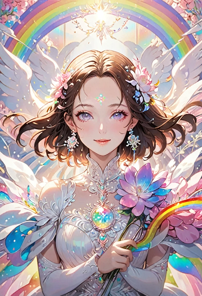  Very detailed,(((ultra detailed face))),best quality, 8k, (柔Light), Light, 1 lady, facing the camera,brown hair, ((forehead)),elegant, Comfortable, Clean and detailed anime art, Trending on artstart, rainbow colors, milky white, illuminate warmly, (pink and white theme),big smile,sanctuary