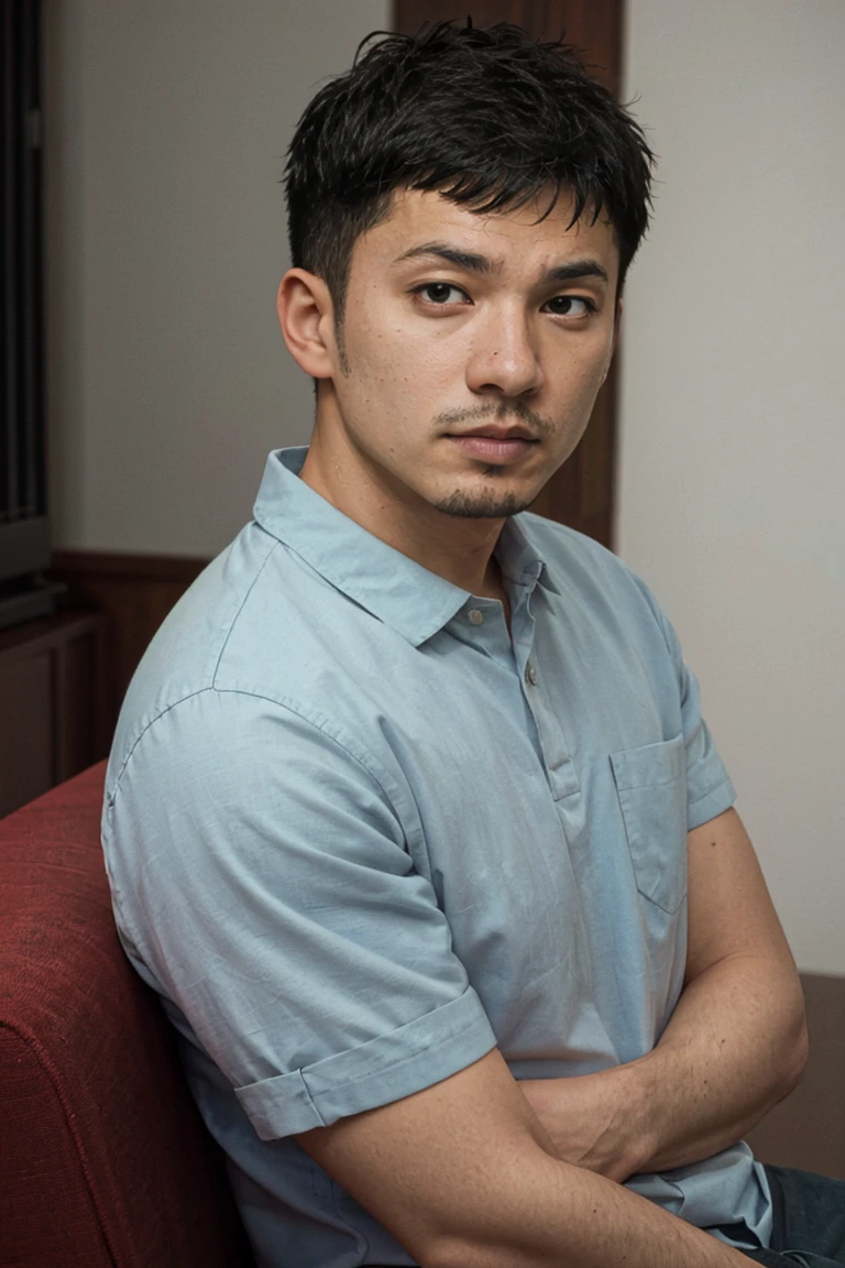 Portrait , shot on leica, shadowplay, gorgeous lighting, subtle hues ,handsome Suguro Ryuji ,living room
