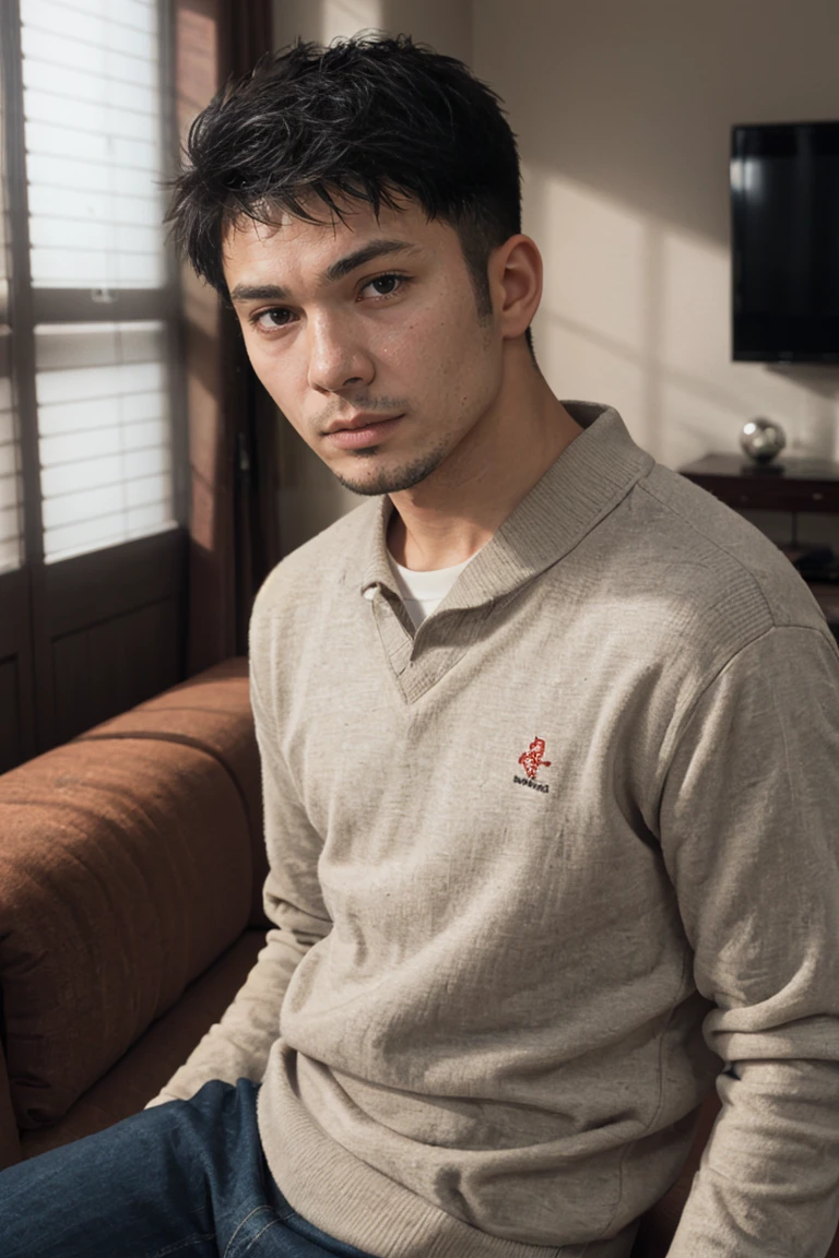 Portrait , shot on leica, shadowplay, gorgeous lighting, subtle hues ,handsome Suguro Ryuji ,living room
