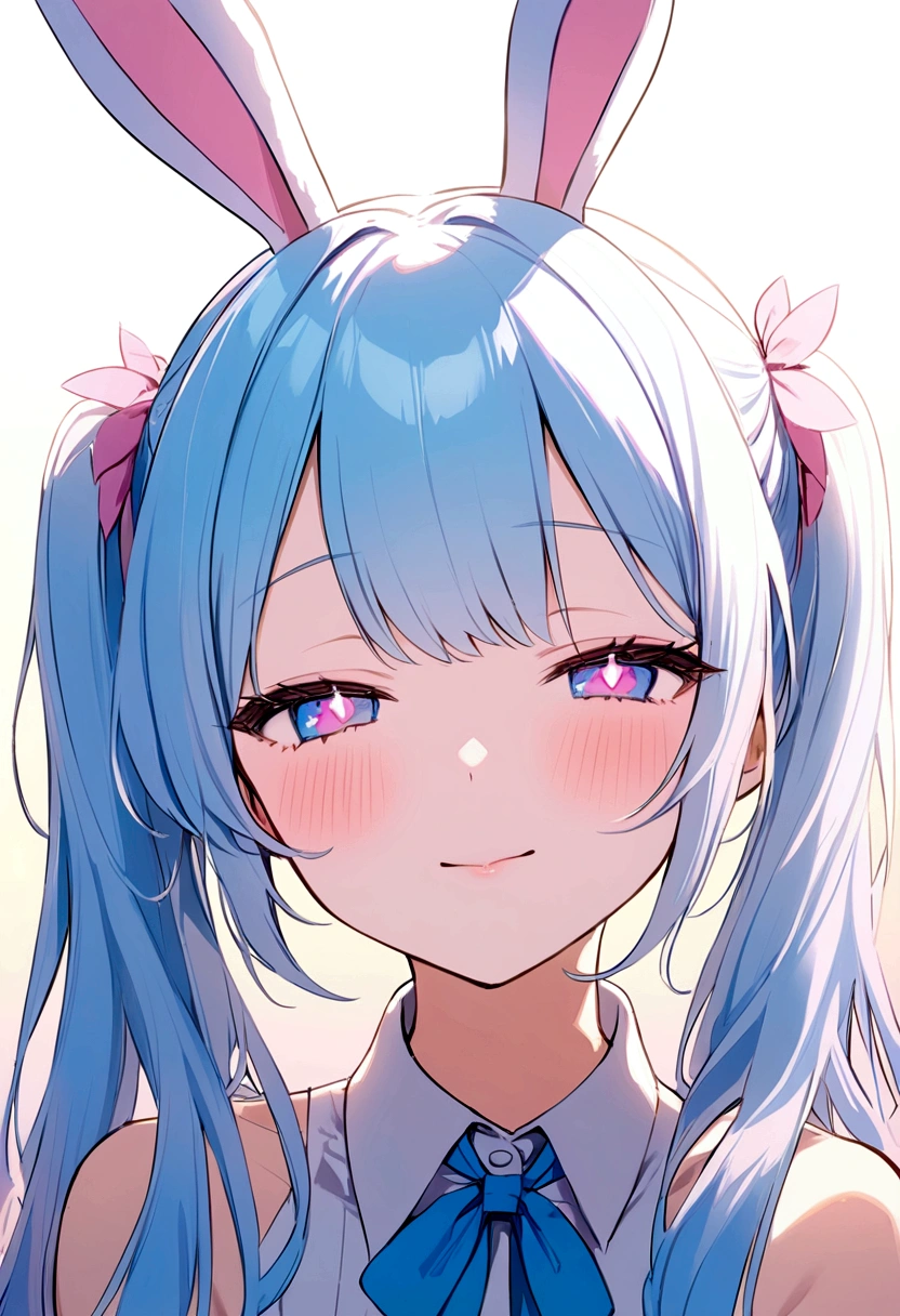 Blue eyes with pink pupils, Half-closed eyes, Light blue hair in twin tails with pink tips。She has bunny ears, Bunny girl