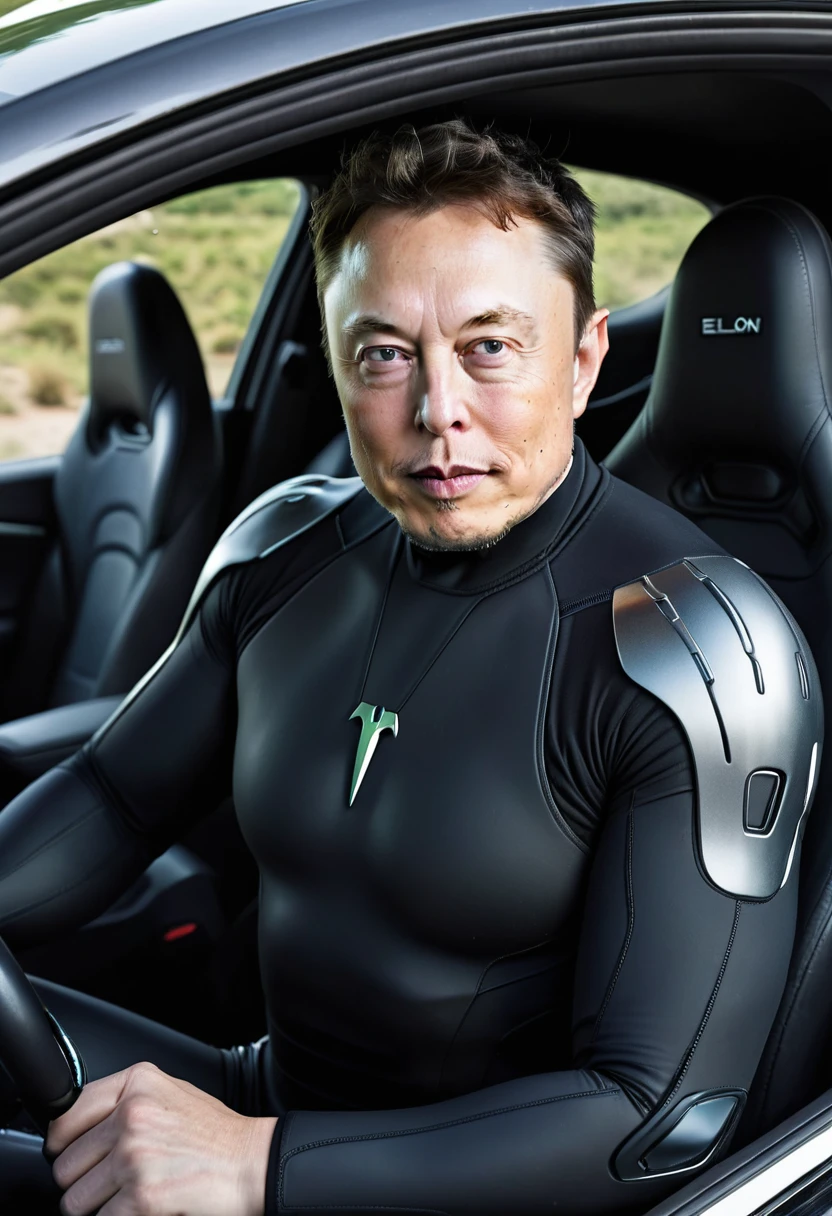 A man in his fifties wearing a black wetsuit sitting in a car, portrait of elon Musk, elon Musk portrait, elon Musk, Musk ( 2 0 2 4 ), elon Musk as a cyborg, exotic alien elon Musk, black elon Musk, elon Musk as the incredible hulk, elon Musk in attack on titan, elon Musk as a greek god, anime elon Musk