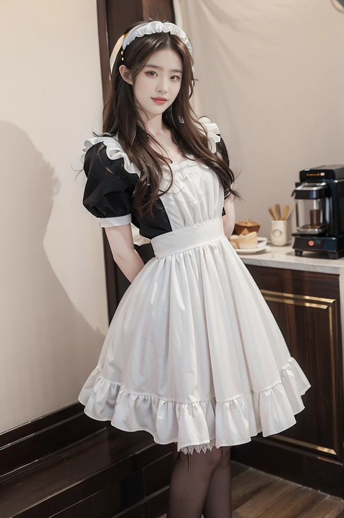 (((best quality))),(((ultra detailed))),(((masterpiece))),illustration,1girl,maid cafe,stunningly beautiful,slim,medium straight bob hair,flat chest,deep captivating eyes,maid costume,see through lace apron,short hemline,bare arms,arms behind back,thighs,slender legs,pantyhose,graceful movements,confident charm,warm genuine smile,France cafe,sliding paper doors,delicious coffee pastries,warm inviting atmosphere,joyful eyes,Coffee Machine,upper body
