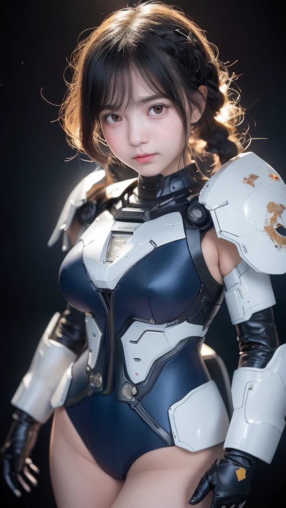 (Highest quality)), ((masterpiece)), (Very detailed: 1.3), 3d, {(1 Girl)}, (wear Dark blue old school swimsuit under armor:1.2), Non-armored waist, wears a futuristic white Gundam mecha,(Gundam), With headgear, With V-fin , Armored Shoulders,Armed, Armor under the feet, Dark blue old school swimsuit, Multi-layer texture perfect ratio, Octane Rendering, Duotone Lighting, Low ISO, wide aperture, White balance, Three-part method, Ultra HD 16K, High resolution (High Dynamic Range), Ray Tracing, NVIDIA, Super Resolution, Scattered beneath the surface, PBR Texturing, Post-processing, Anisotropic Filtering, Depth of written boundary, Maximum clarity and sharpness, Highly efficient subpixels, Subpixel Convolution, Particles of light, Scattered Light, Tyndall effect, whole body:1.5, Combat pose, cute, (cute:1.2), (Bobcut:1.3),Braid, Black Hair, Thick eyebrows, Light-colored irises, Big, bright black eyes, Long eyelashes, Small, light-colored, natural lips, (The average face of the Japan idol), (日本人特有のBaby Face:1.3), (), Wide forehead:1.2, Plump Cheeks, Small jaw, Shoulder-mounted underwater thrusters, In the calm waters of Iceland,View your viewers,Focus on the eyes